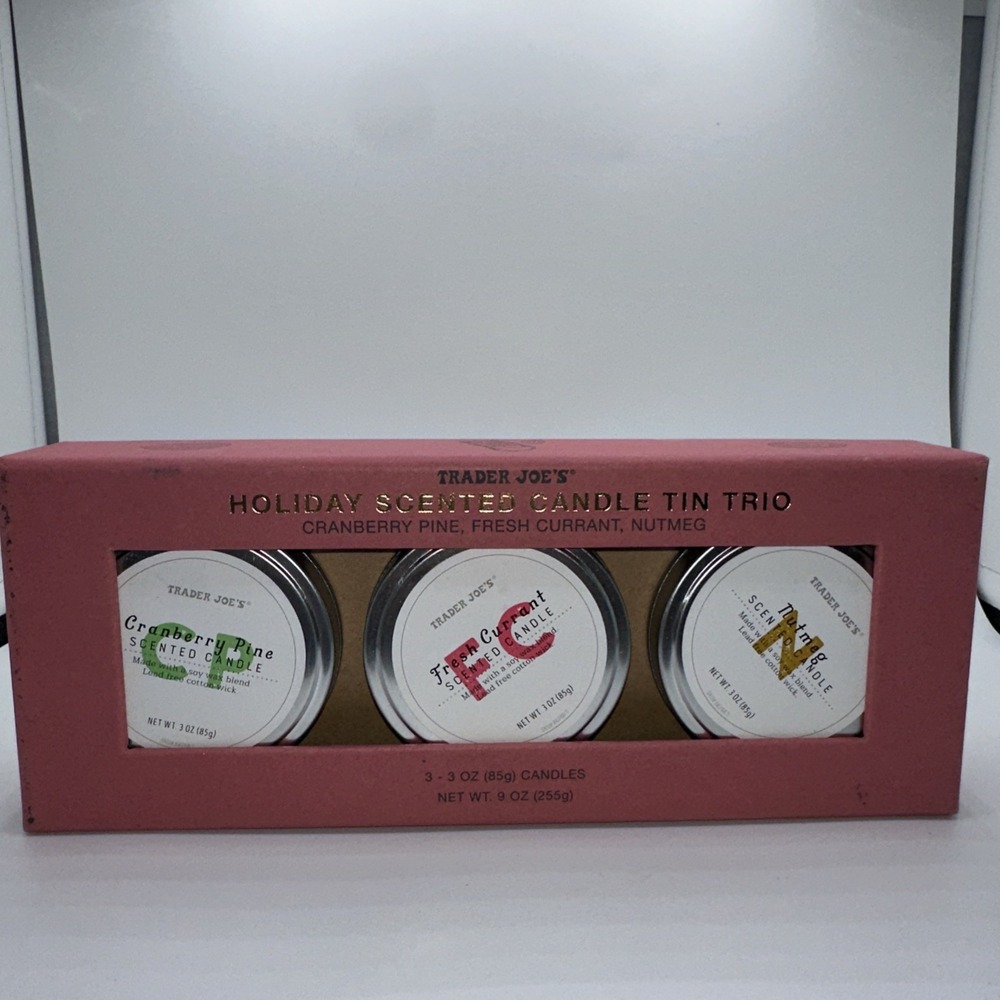 Trader Joes Holiday Scented Candle Tin Trio Cranberry Pine Fresh Currant Nutmeg